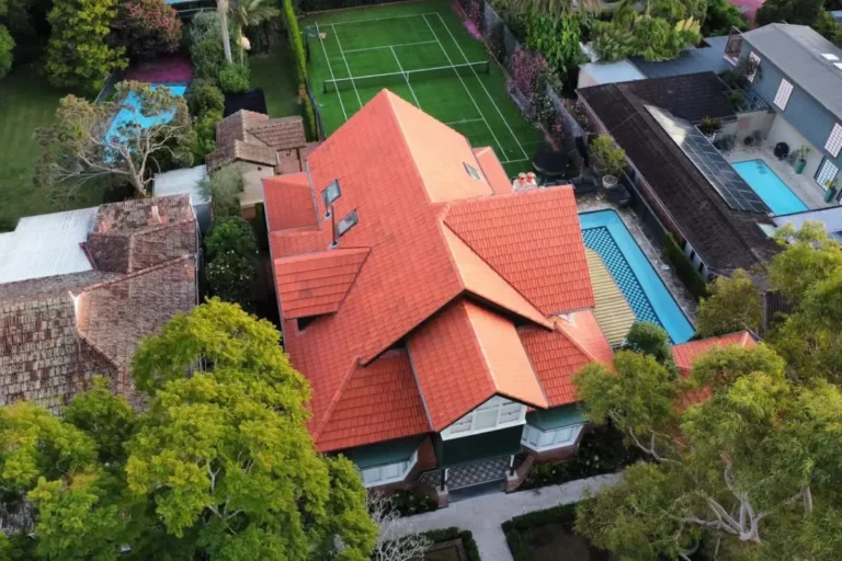 Aerial view of a new terracotta tile roof on a Roseville home